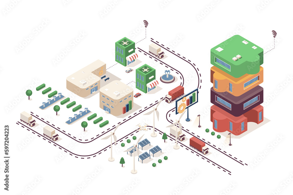 Poster development company concept 3d isometric web infographic workflow process. infrastructure map with o