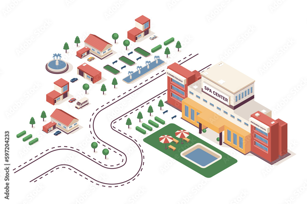Aufkleber spa center concept 3d isometric web infographic workflow process. infrastructure map with buildings 