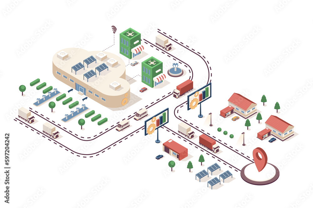 Fototapete cloud data center concept 3d isometric web infographic workflow process. infrastructure map with dat