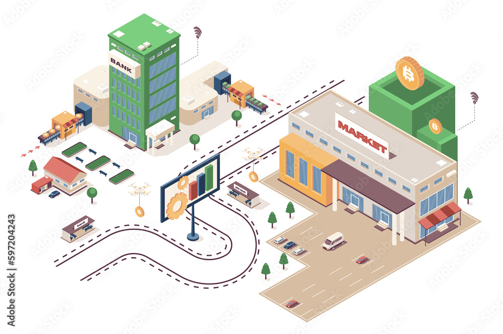 Fototapete Crypto market concept 3d isometric web infographic workflow process. Infrastructure map with market building, conversion transactions, currency trade. Illustration in isometry graphic design