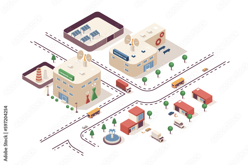 Poster science laboratory concept 3d isometric web infographic workflow process. infrastructure map with sc