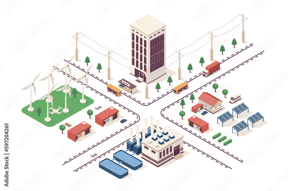 Poster renewable energy concept 3d isometric web infographic workflow process. infrastructure map with eco 