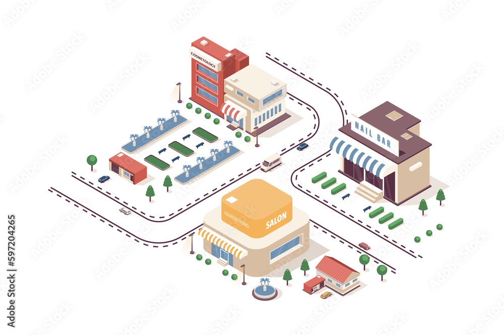 Fototapete beauty salon concept 3d isometric web infographic workflow process. infrastructure map with building