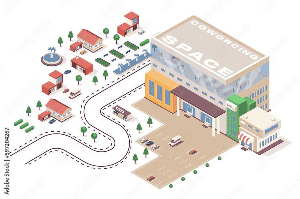 Poster coworking space concept 3d isometric web infographic workflow process. infrastructure map with works