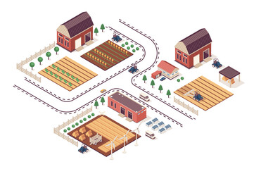 Farming concept 3d isometric web infographic workflow process. Infrastructure map with farmland, barns and fields for seeding, plowing, harvesting. Illustration in isometry graphic design