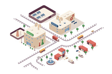 Science laboratory concept 3d isometric web infographic workflow process. Infrastructure map with scientific research lab, chemistry test buildings. Illustration in isometry graphic design