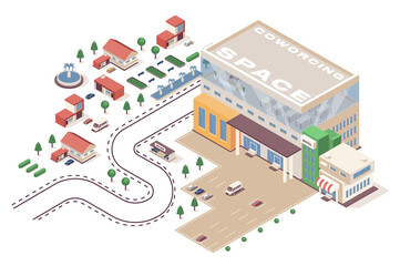 Coworking space concept 3d isometric web infographic workflow process. Infrastructure map with workspace office, parking, town employee buildings. Illustration in isometry graphic design