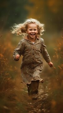 happiness carefree days little girl running field raincoat brown hair quantum leap freedom big smile cream peasant shirt delight victory balance beams joyous, generative ai