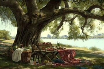 picnic under shady tree, with basket and blanket in place, created with generative ai