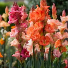 A vibrant gladiolus with tall spikes of colorful flowers in shades of pink, orange, and red, generative AI - obrazy, fototapety, plakaty