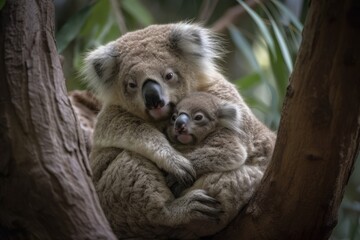 koala hanging from tree branch with its arms and legs wrapped around its mother, created with generative ai