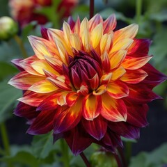 A bold and dramatic dahlia with large, multi-colored petals and a striking center, generative AI