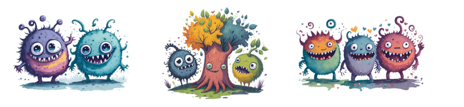Happy Monsters Collection: Colorful Watercolor Illustrations for Children's Birthday Parties on Transparent Background PNG