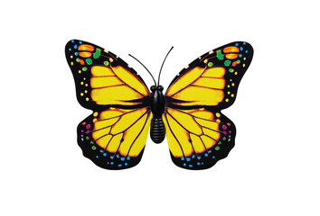 Fototapeta na wymiar Yellow butterfly isolated on transparent background top view. Yellow butterfly with multi colored spots as an element for design.