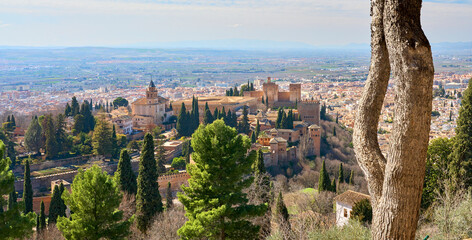 panoramic view on the city of Granada, with world heritage site of Alhambra and district of Albaycin and Sacromonte, Andalusia, Spain