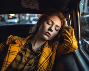 news young woman pre yellow jacket sleeping car model face ester taxi real life tired appearance, generative ai