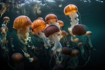 school of jellyfish swimming in the ocean currents, created with generative ai