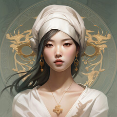 Asian brunette woman wearing white robes fantasy character portrait Generative Ai