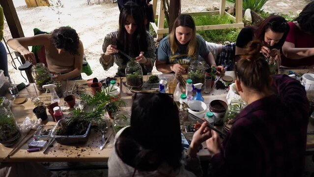 Person making terrarium. Group of people at outdoor florarium training and seminar. Self-sustaining micro garden ecosystem. People learning to create terrariums. Zen meditation hobby. Creative meetup.