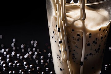close-up of milkshake, with droplets of water and the straw visible, created with generative ai