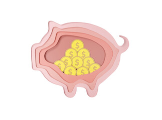 3D paper cut-out piggy bank isolated.
