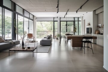 Fototapeta na wymiar minimalist home with open floor plan, sleek and modern furniture, and carefully curated decor, created with generative ai
