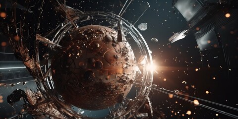 A metal mechanical scene, the space universe of electroacoustic elements, with 8K resolution. There is a planet of electroacoustic technology and mechanical style in the universe, Generative AI
