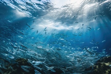 a school of fish swimming through a microplastic-filled ocean, created with generative ai