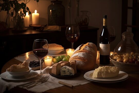 table setting with artisan bread, cheese, and wine for elegant evening meal, created with generative ai