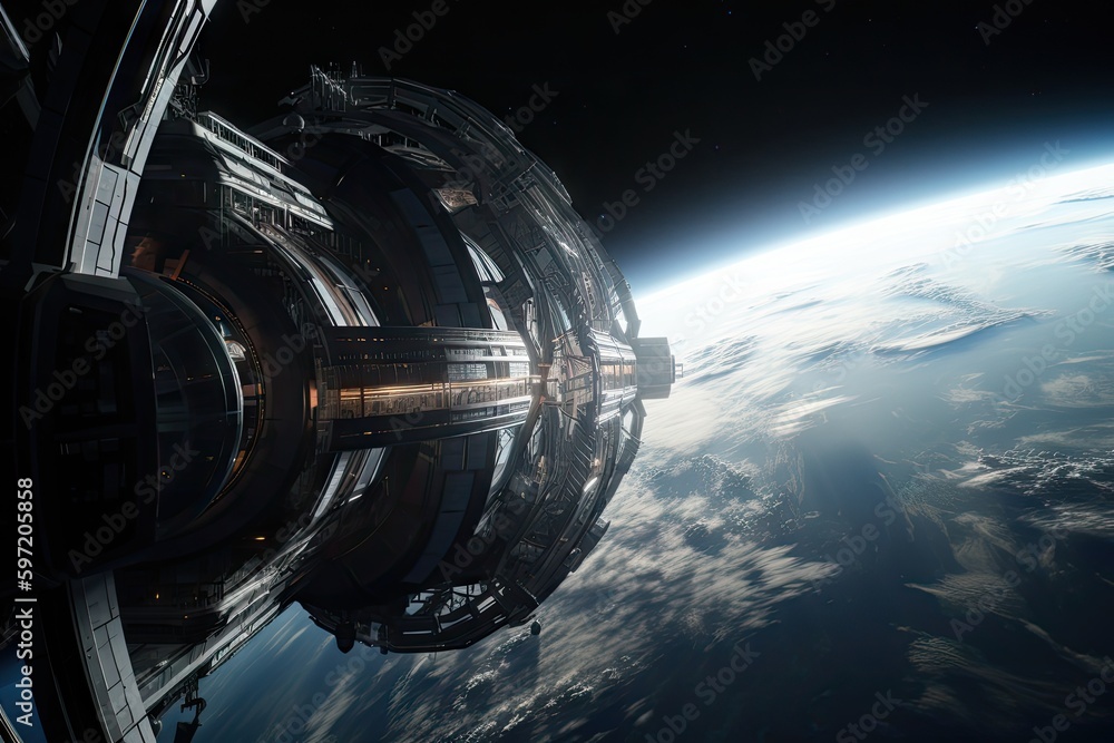 Canvas Prints futuristic and conceptual space station with view of planet in the background, created with generative ai