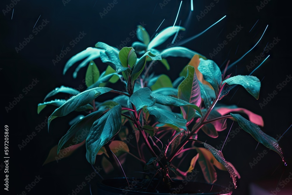 Poster neon plant growing on dark and stormy sky in night scene, created with generative ai