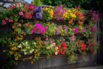 vertical garden of vibrant blooms on a metal fence, created with generative ai