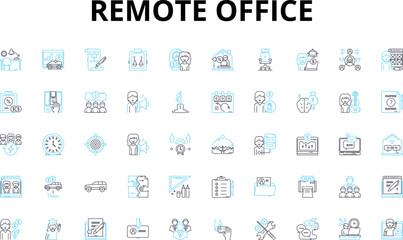Remote office linear icons set. Telecommuting, Virtual, Remote, Digital, Online, Teleworking, Mobile vector symbols and line concept signs. Distance,Telepresence,E-Office illustration