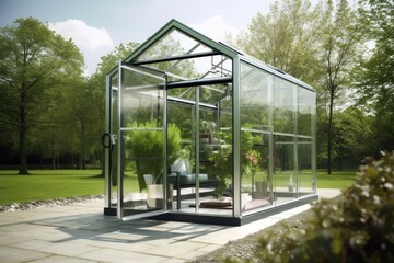 Obraz premium modern greenhouses with sleek and minimalist design, featuring minimalistic furniture to maximize the space, created with generative ai