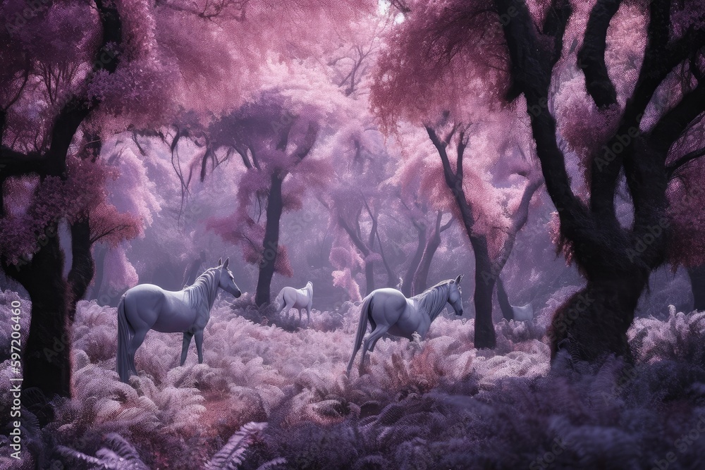 Wall mural enchanting purple forest with mystical creatures, like unicorns and dragons, created with generative ai