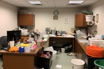 busy office, with cleaning supplies and tools for quick clean-up between meetings, created with generative ai