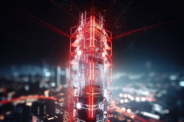 5g network tower with white and red lights, symbolizing the high-speed capabilities of 5g, created with generative ai