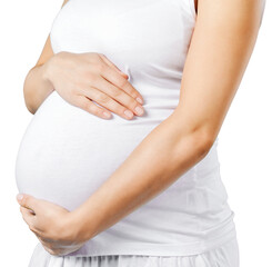 Fototapeta na wymiar Pregnant woman touching her big belly