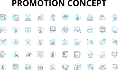Promotion concept linear icons set. Advertising, Branding, Campaign, Discount, Endorsement, Giveaway, Incentive vector symbols and line concept signs. Influencer,Marketing,Merchandising illustration