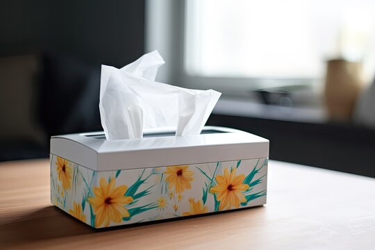 tissue box filled with tissues and a nasal spray nearby, created with generative ai