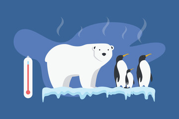 Polar Bear and Pinguin with melting ice - climate change 2d vector illustration concept for banner, website, illustration, landing page, flyer, etc
