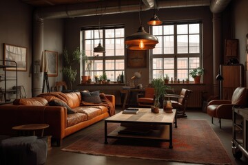 Fototapeta premium cozy living room in industrial style, with warm colors and leather sofas, created with generative ai