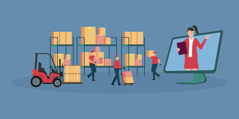 Man and woman inside storage of logistic delivery service 2d vector illustration concept for banner, website, illustration, landing page, flyer, etc