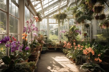 Fototapeta na wymiar view of greenhouse filled with orchids, exotic blooms and fragrant scents, created with generative ai
