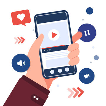 Hand holding phone with video or audio.Video window interface .Media player screen .Social network.
