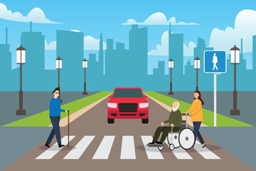 Obraz na płótnie Canvas Pedestrians with disability moving by road with traffic lights 2d vector illustration concept for banner, website, illustration, landing page, flyer, etc