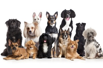 group of dogs with diverse breeds, sizes, and colors looking at the camera, created with generative ai