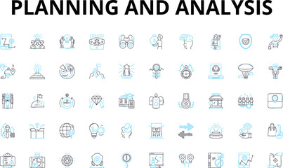Planning and analysis linear icons set. Strategy, Forecasting, Optimization, Research, Assessment, Evaluation, Brainstorming vector symbols and line concept signs. Implementation,Resource allocation