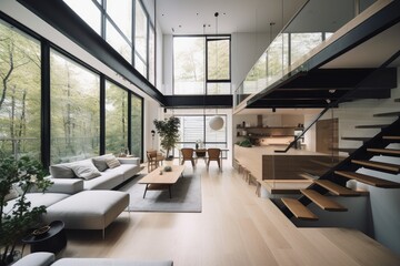 minimalist home with open floor plan, floating furniture and natural light, created with generative ai