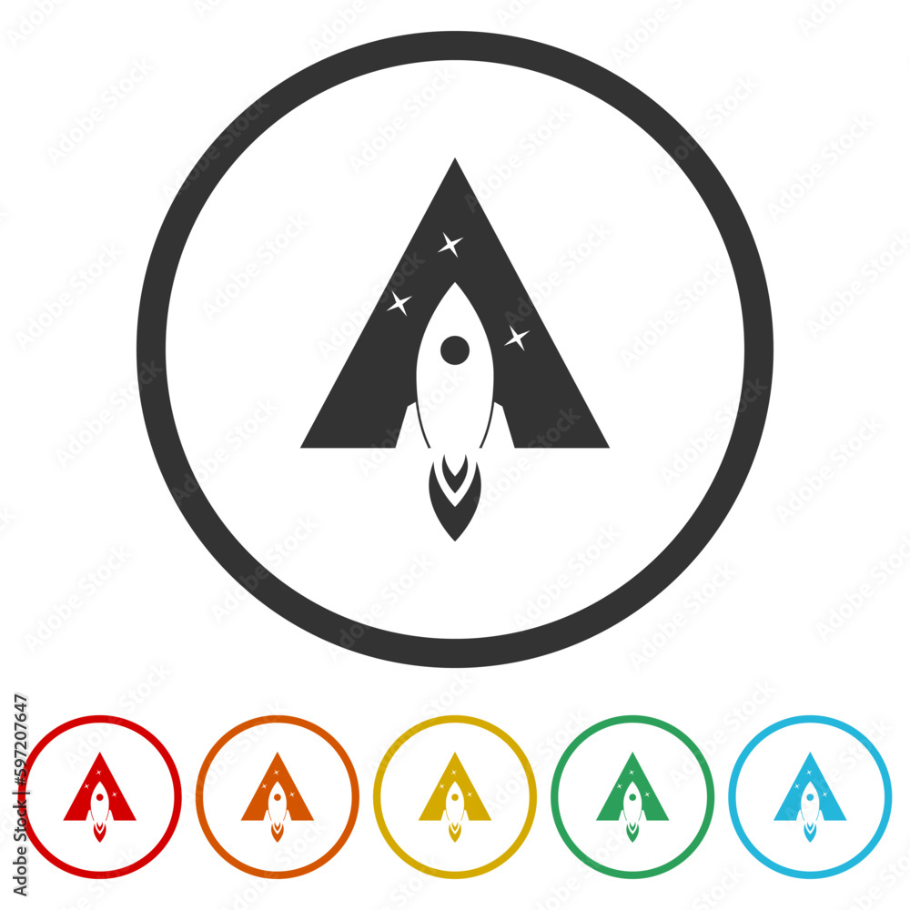 Poster triangle rocket logo. set icons in color circle buttons
